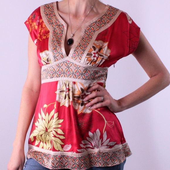 Bebe Silk Kimono Top Asian Floral Print - Picture 2 of 8